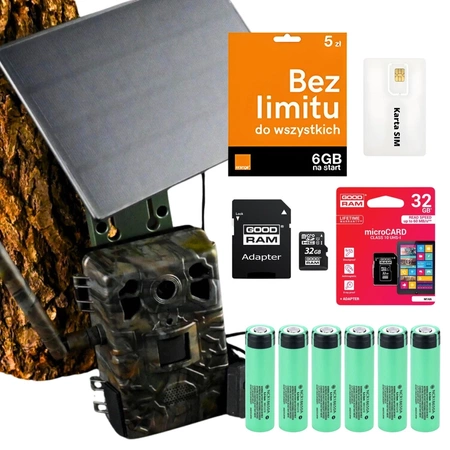 Zestaw Fotopułapka gsm Kamera Leśna TOPHUNT H6 Dark Green Panel Solarny 6xAkumulator 18650 Karta SD 32 GB Karta SIM Orange