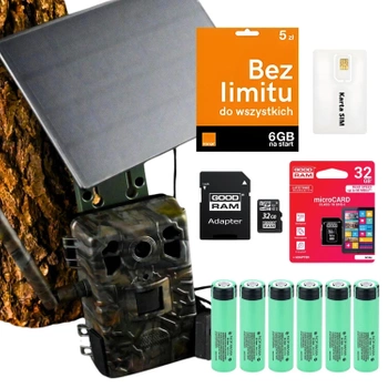 Zestaw Fotopułapka gsm Kamera Leśna TOPHUNT H6 Dark Green Panel Solarny 6xAkumulator 18650 Karta SD 32 GB Karta SIM Orange